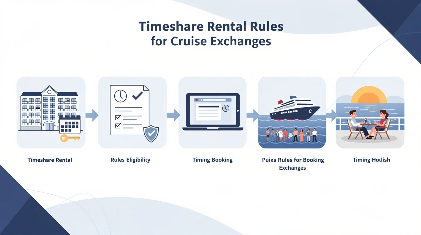 A step-by-step visual process guide demonstrating how timeshare rental rules for cruise exchanges works