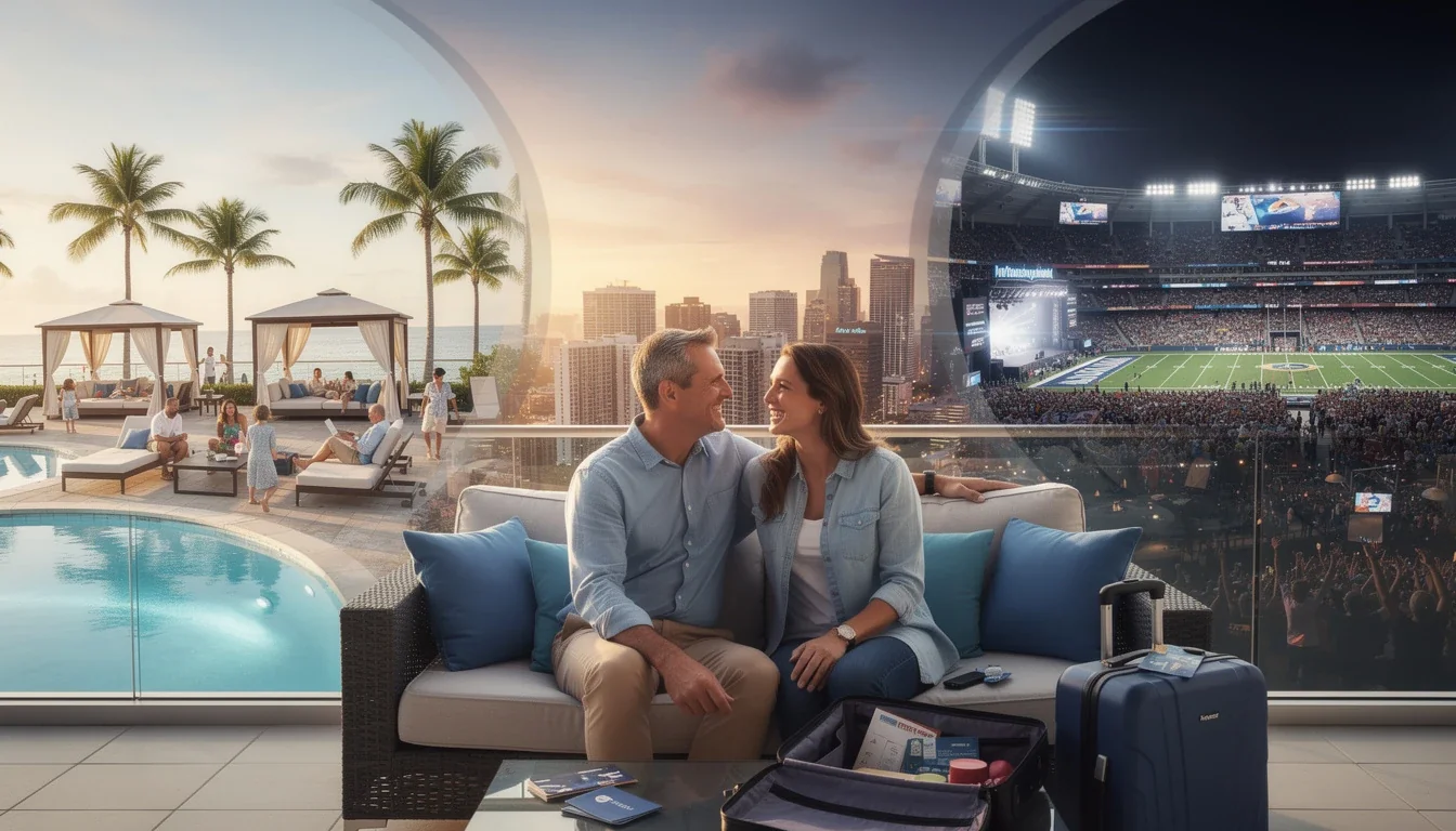 An illustrated diagram showing the key benefits of timeshare rentals for major event travel strategies