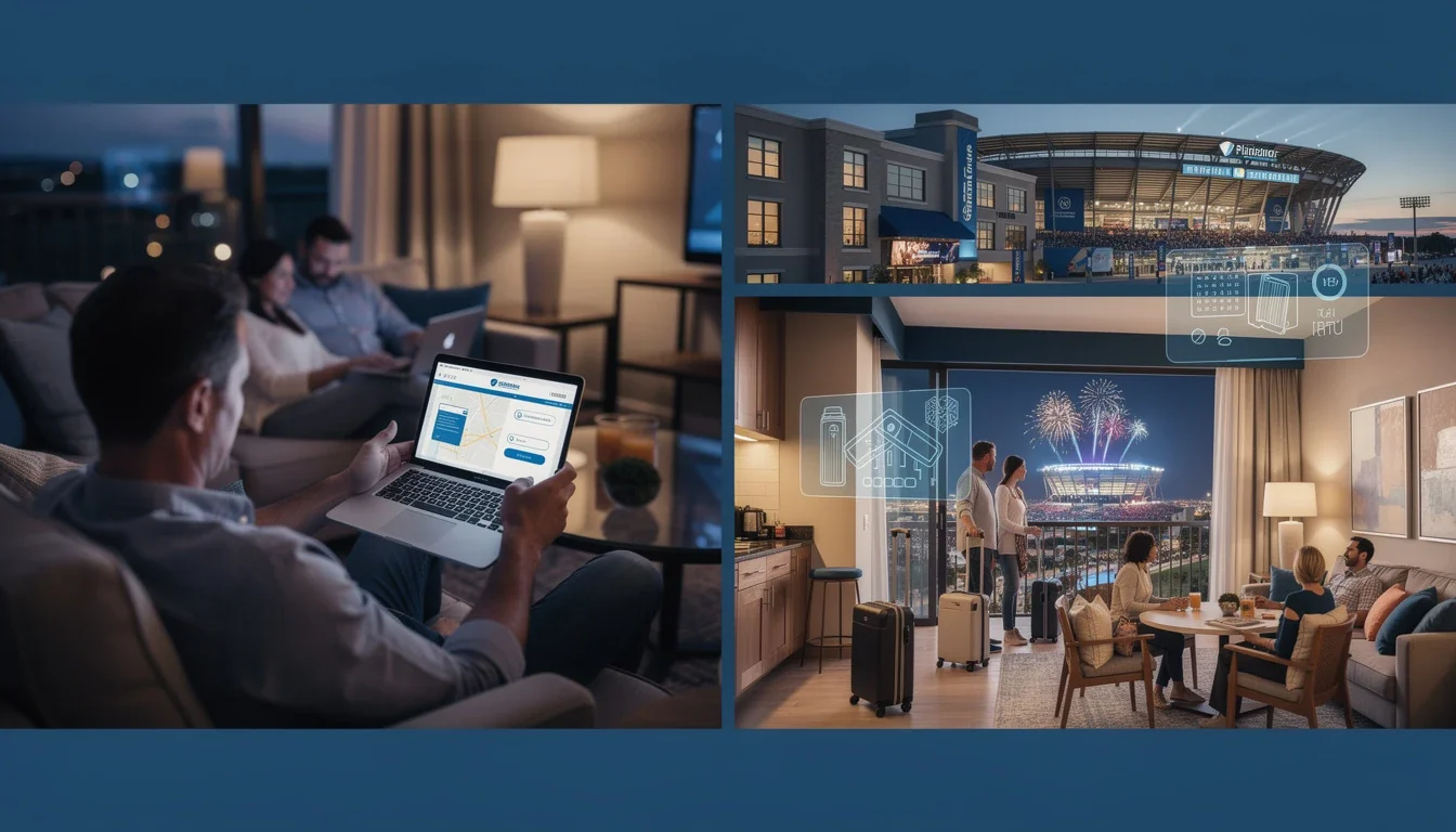 A step-by-step visual process guide demonstrating how timeshare rentals for major event travel works