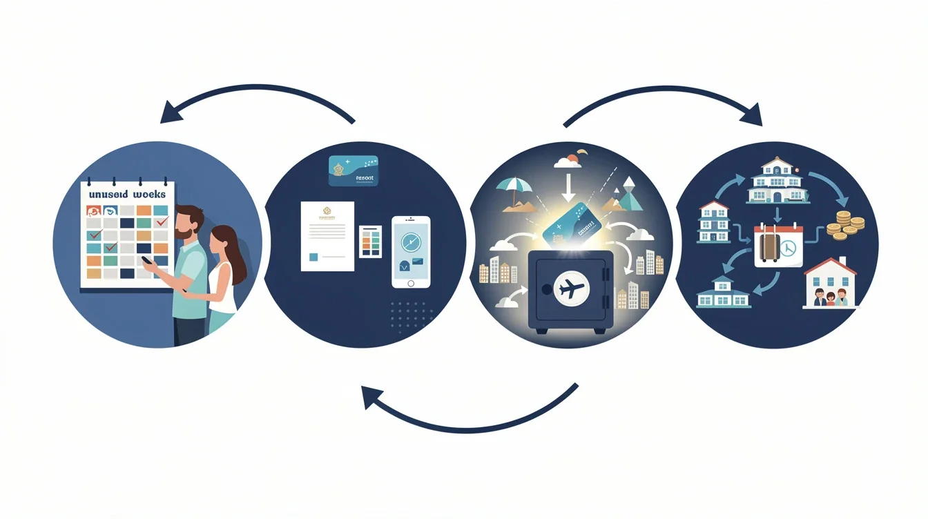 A step-by-step visual process guide demonstrating how timeshare vacation banking unused weeks options works