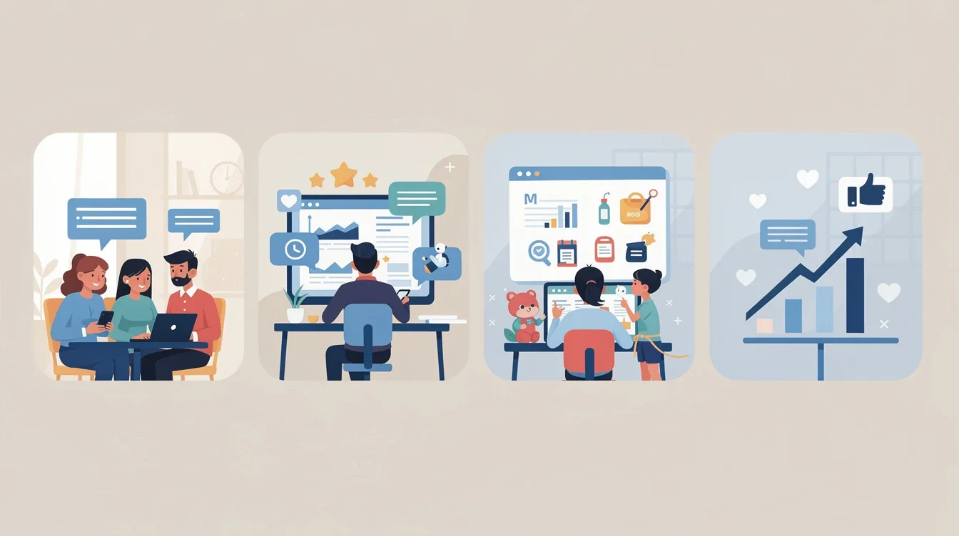 A step-by-step visual process guide demonstrating how using parent feedback to improve affiliate marketing works