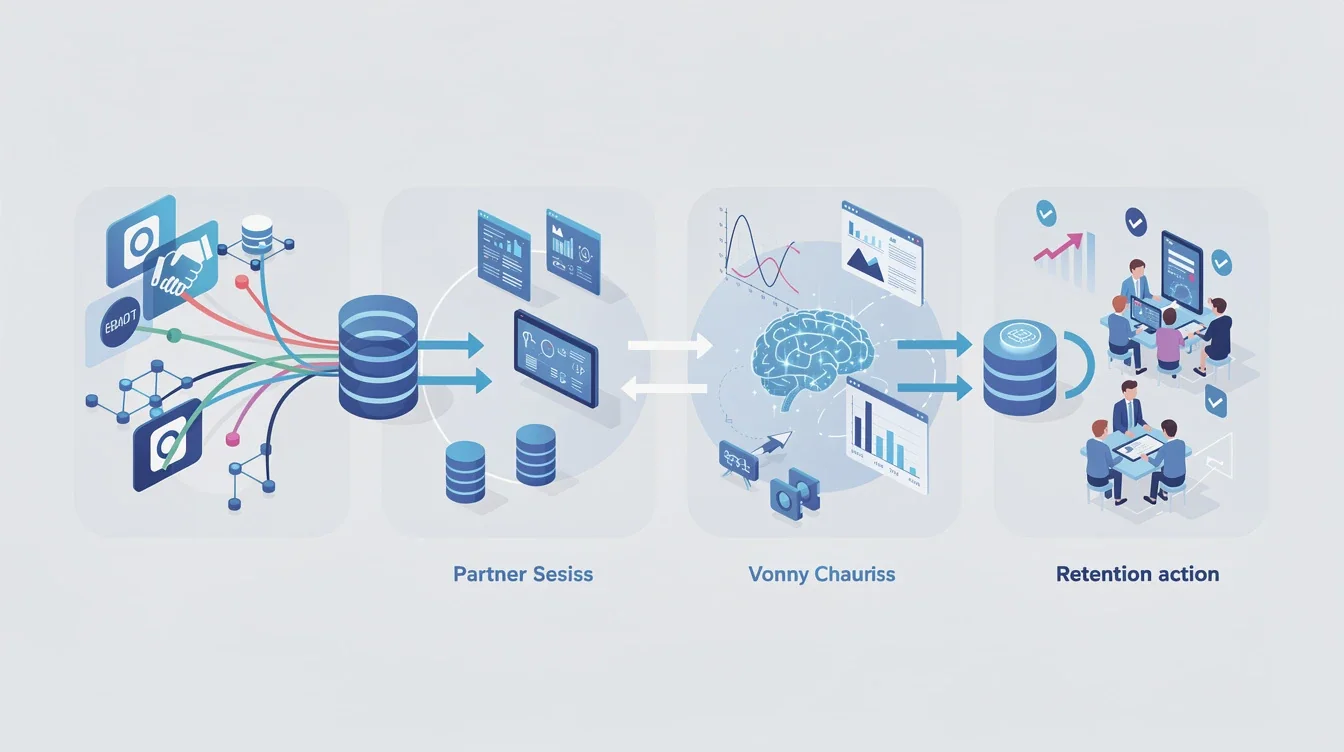 A step-by-step visual process guide demonstrating how using partnership data to predict subscription churn works
