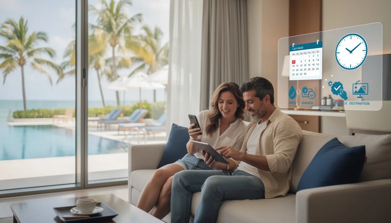 An illustrated diagram showing the key benefits of using timeshare vacation clubs last minute strategies