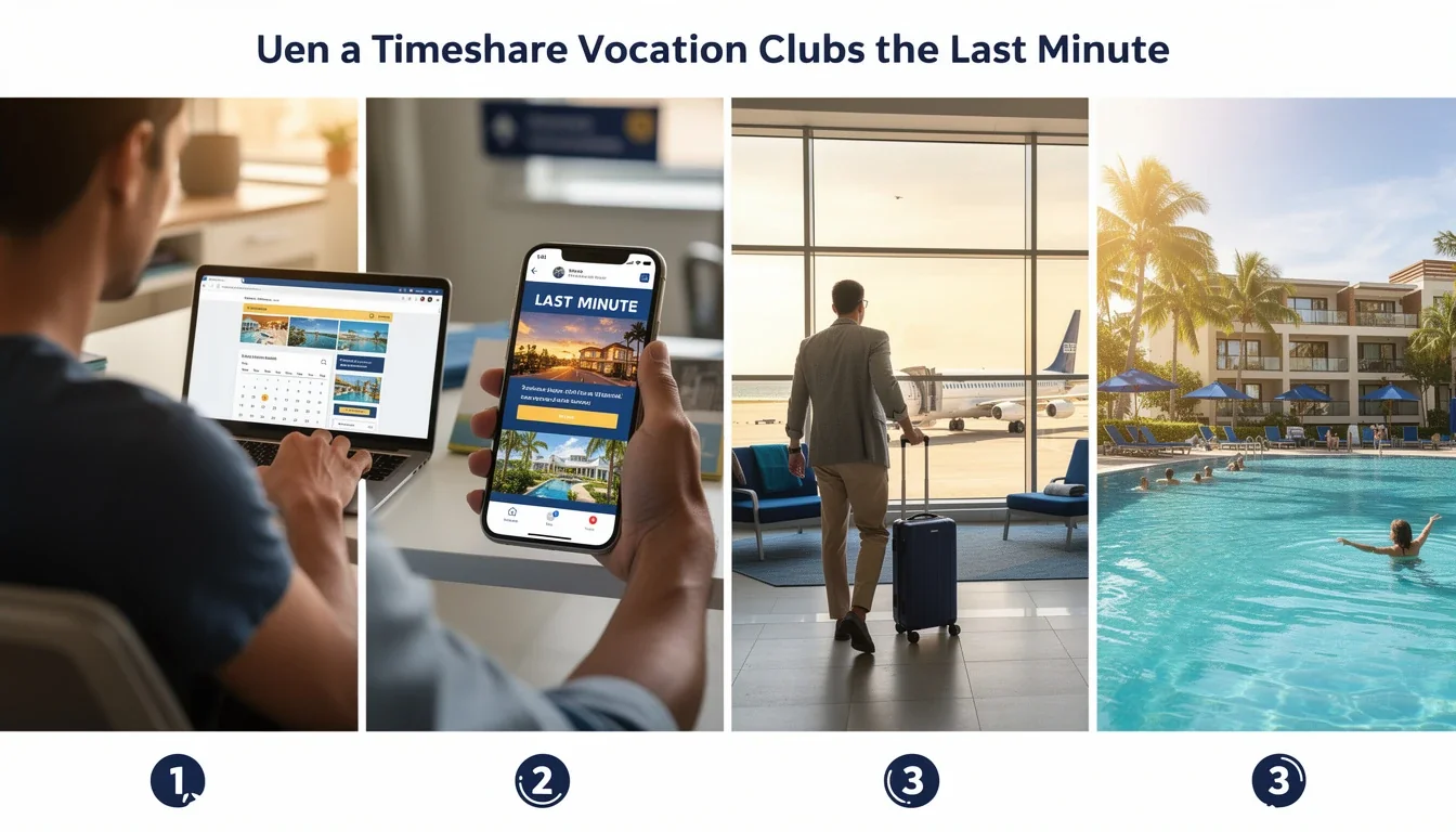A step-by-step visual process guide demonstrating how using timeshare vacation clubs last minute works