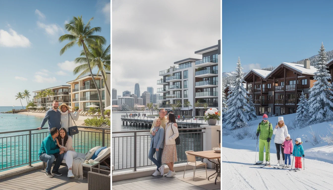 An illustrated diagram showing the key benefits of weather considerations for timeshare destinations 2026 strategies