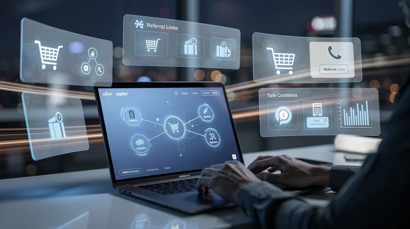 An illustrated diagram showing the key benefits of zapier automation for ecommerce affiliate workflows strategies