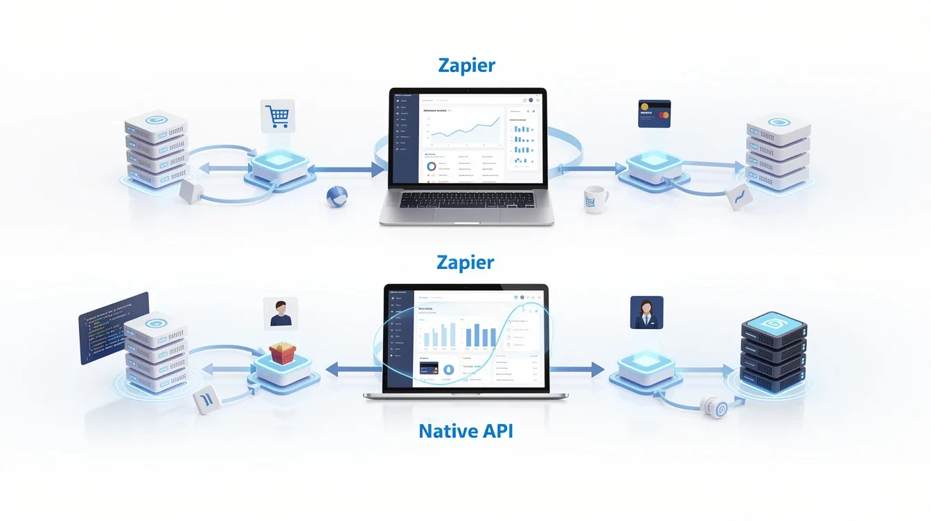 A step-by-step visual process guide demonstrating how zapier vs native api affiliate automation works